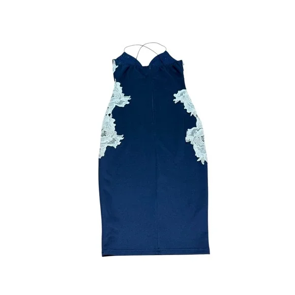 AX Paris Navy‎ Blue Lace Applique Strappy Bodycon Midi Dress Size 10